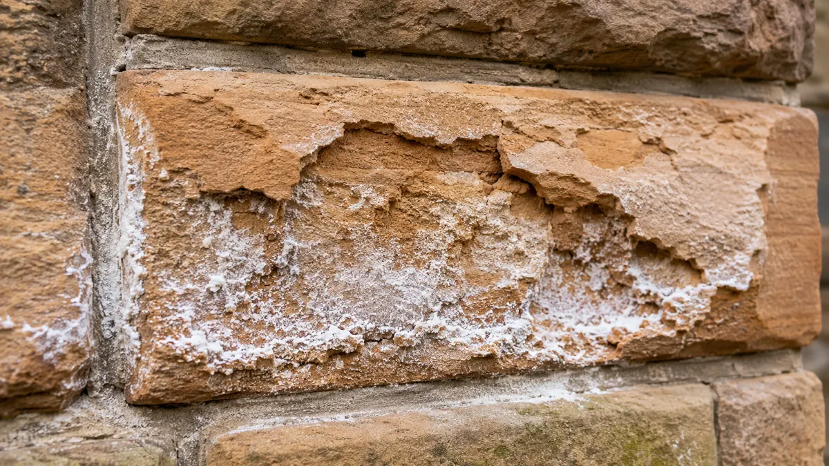 Spalled sandstone with salt efflorescence on a historic wall in Stirling