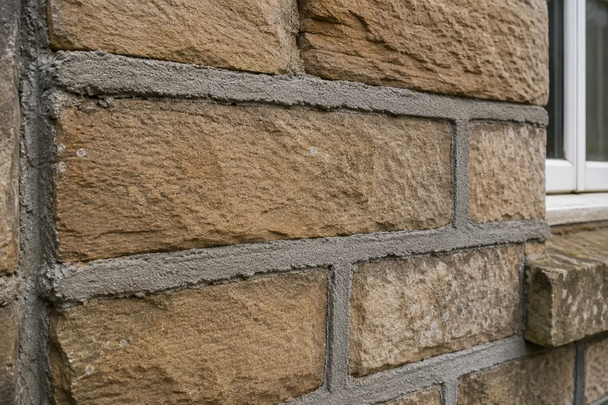 Hard grey cement strap pointing on a historic sandstone wall in Stirling