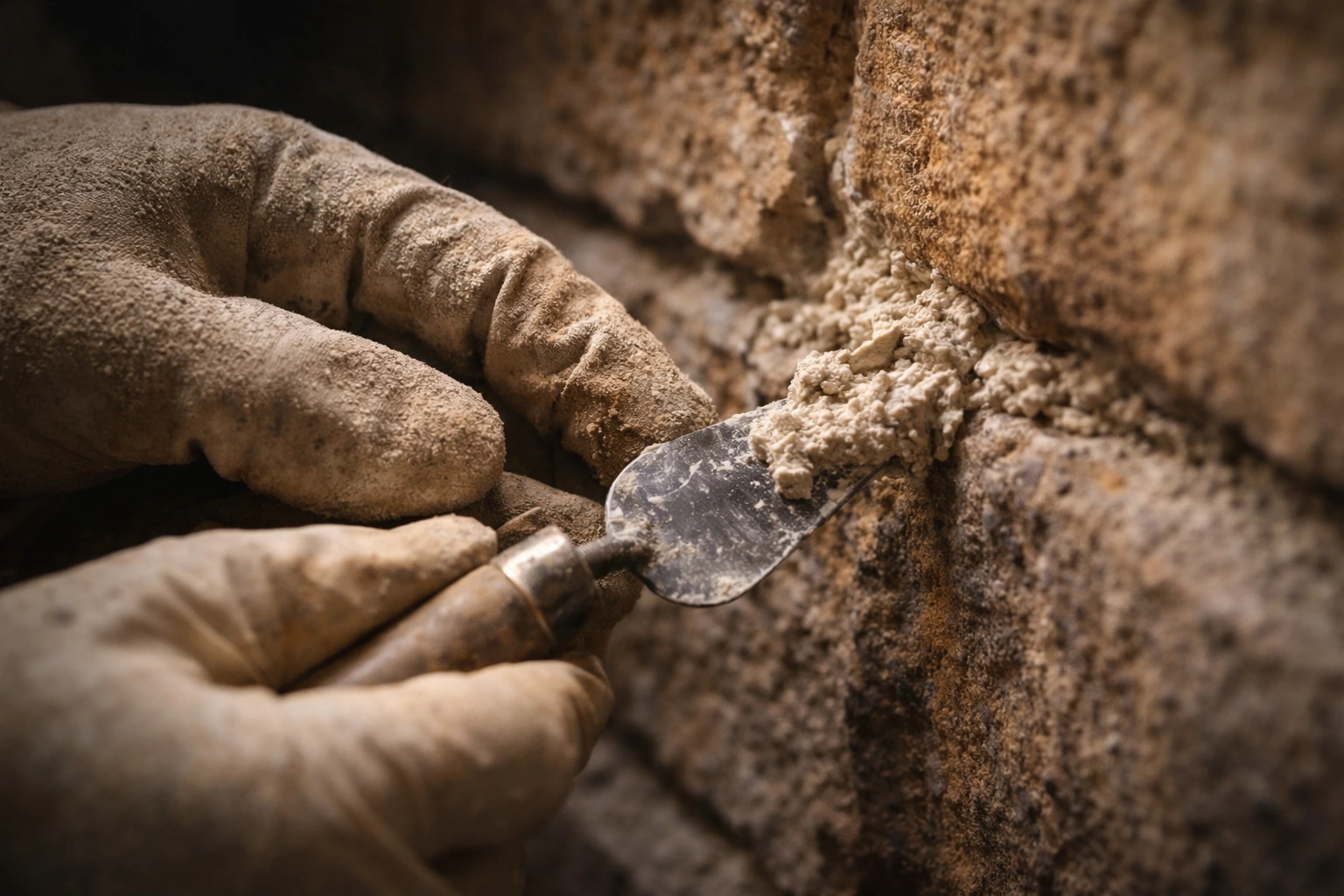 Close-up of lime mortar being applied to stonework joints